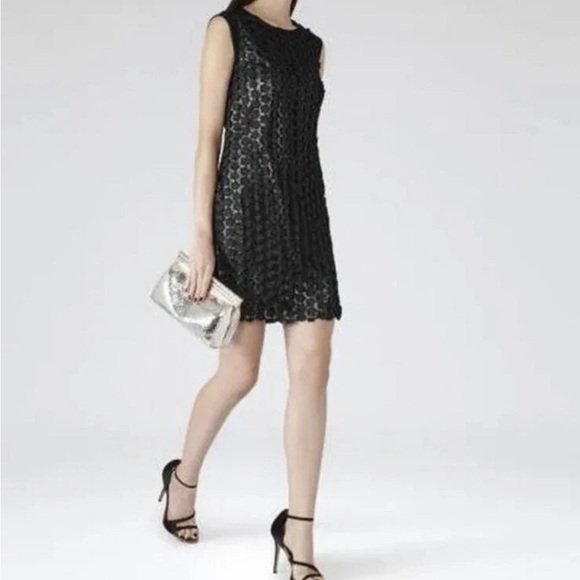 Womens Reiss Bibi Black and Silver Fabric Appliqué Mini Dress - Picture 1 of 9